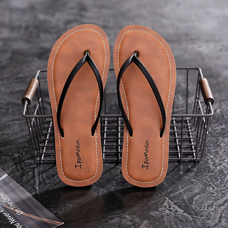 Women Beach Flip Flops Summer Flat Shoes Woman Slip On Sandals Non-slip Sole Solid Color Female Flip Flop Slides: Brown / 6
