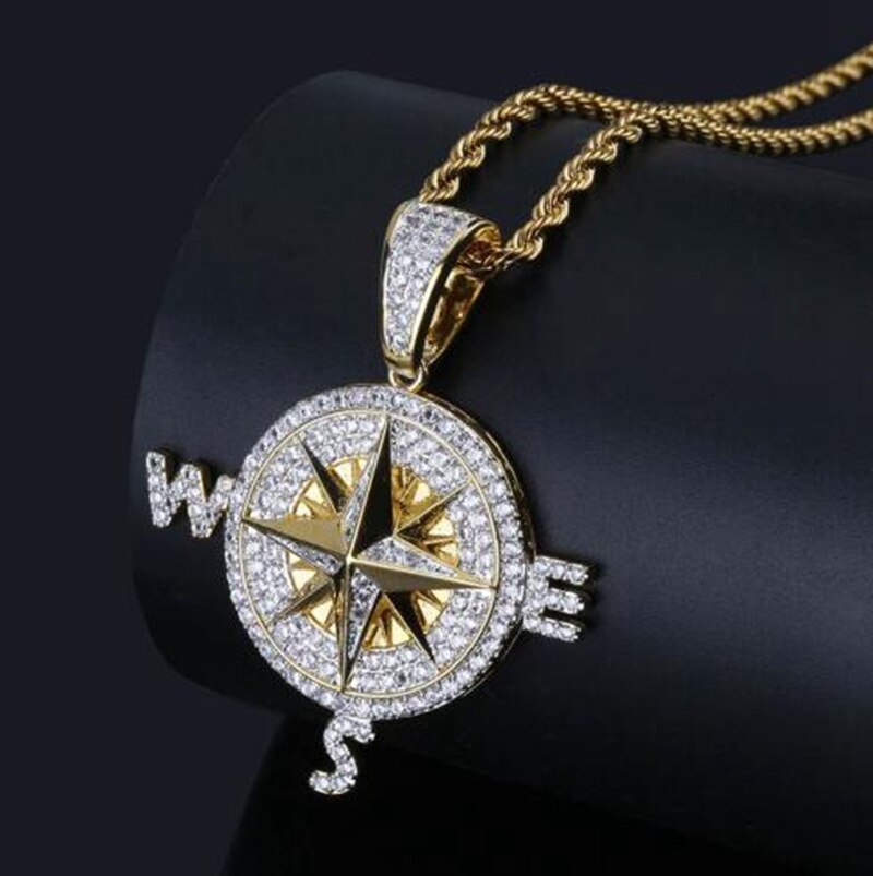 Männer vereist aus kubisch Zirkon Kompass Halskette & Anhänger Mit 4mm Tennis Kette Hüfte hüpfen Gold Silber Farbe Schmuck: Gold-farbe