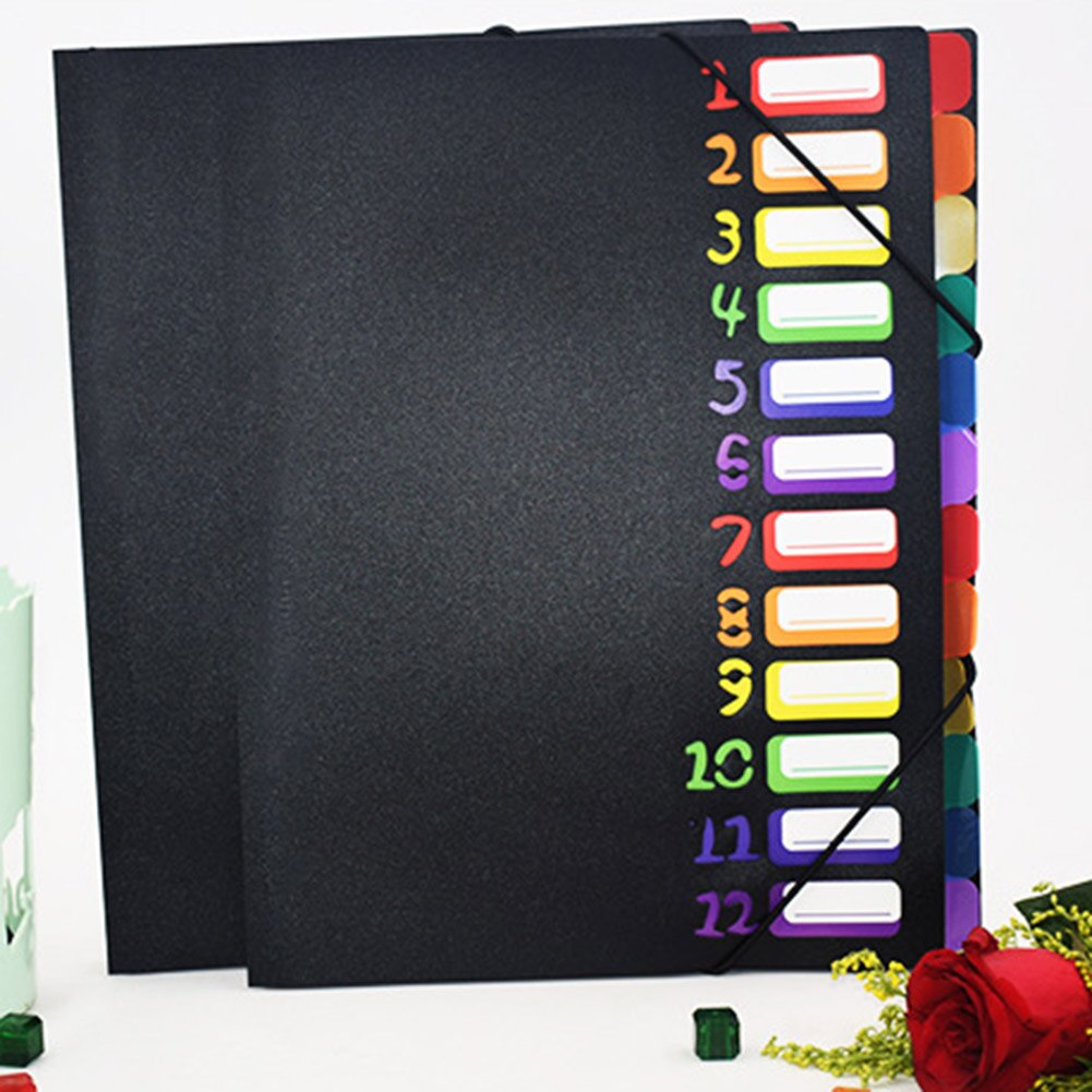 A4 12 Pages File Folders Rainbow Document Holder Organizer with Slash Pockets PP Material UY8: Black