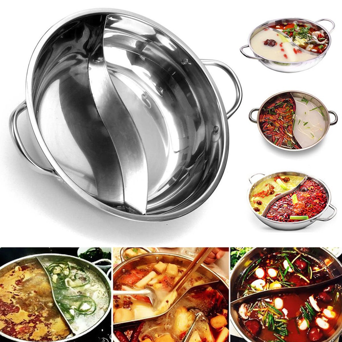 Stainless Steel Pot Hotpot Induction Cooker Gas Stove Compatible Pot Home Soup Cooking Pot Twin Divided Kitchen Cookware