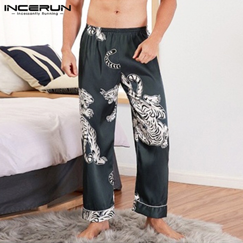 INCERUN Printing Men Sleep Bottoms Pants Silk Satin Leisure Pajamas Comfortable Sleepwear Vintage Men Lounge Pants S-5XL