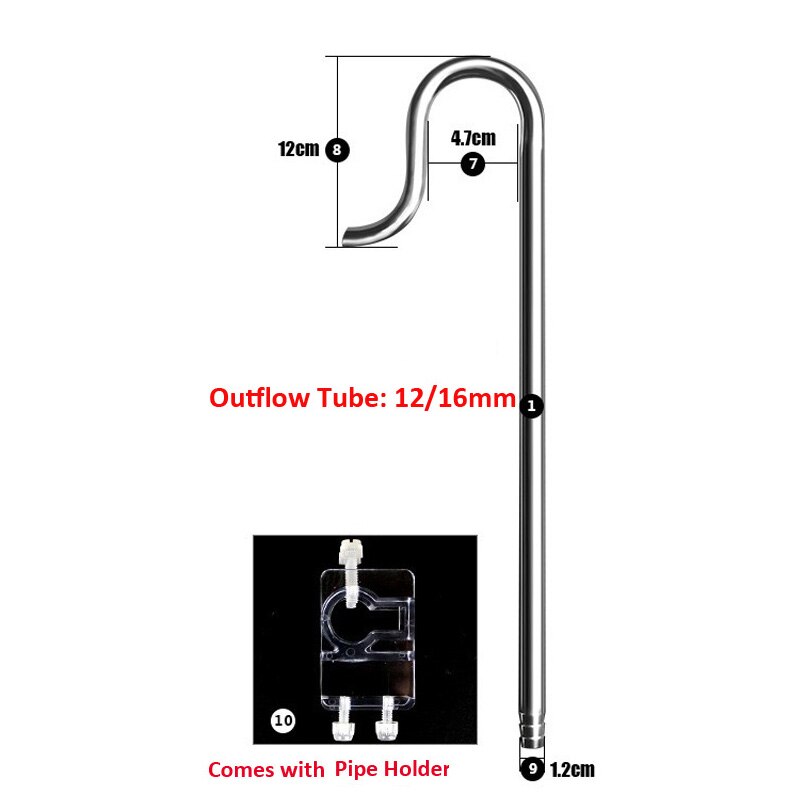 Aquarium Fish Tank Stainless Steel ADA Style Inflow Outflow Lily Pipe with Surface Skimmer: 12mm Outflow only