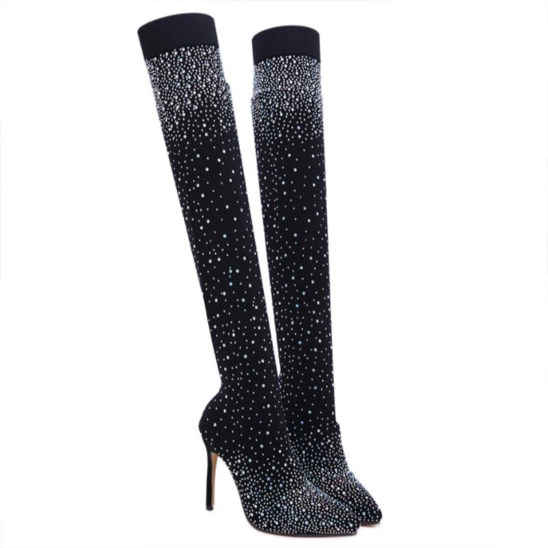 Zoelea femmes cristal Stretch tissu chaussette bottes bout pointu sur le genou talon cuisse haut bout pointu femme botte