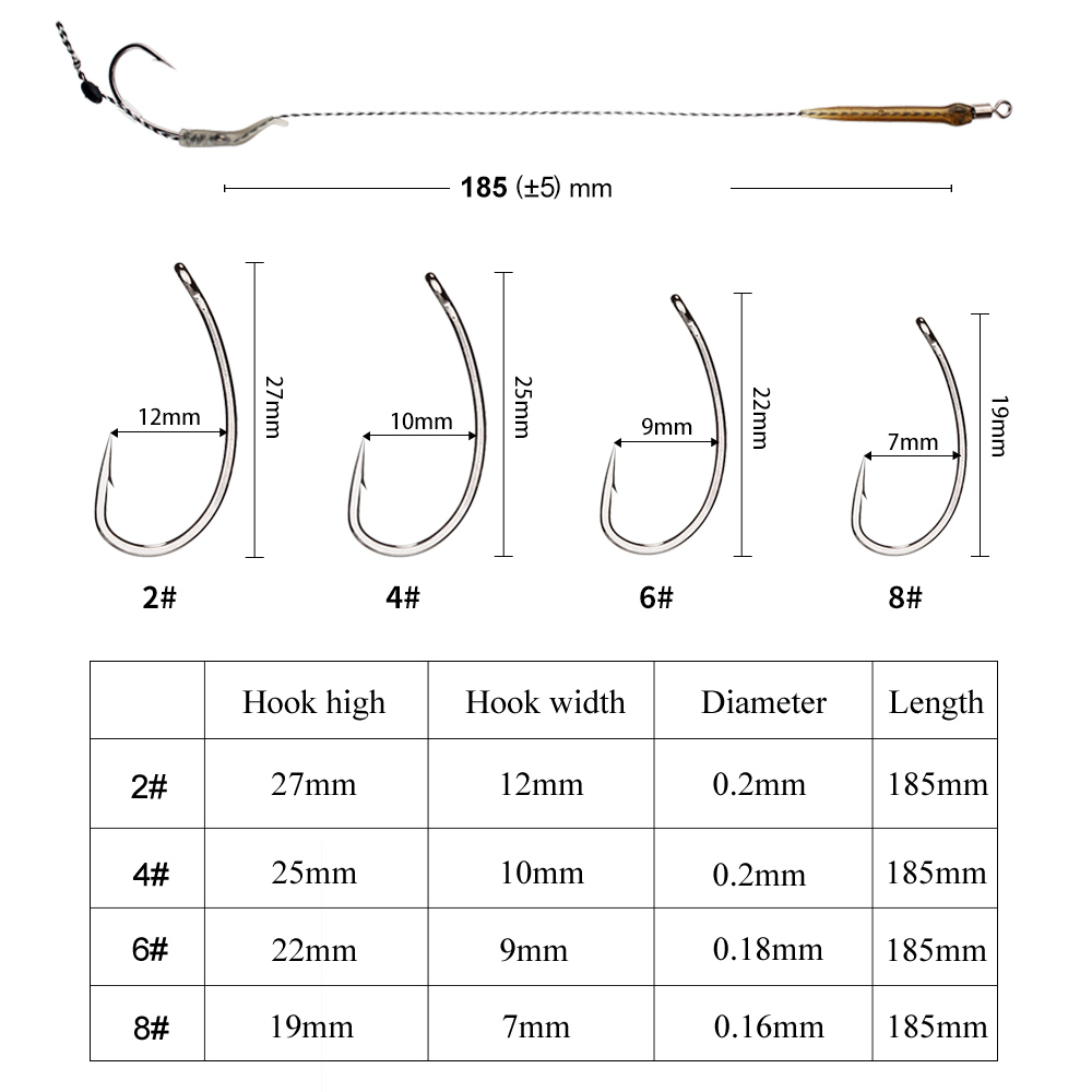 FTK 18,5 cm 6-8 Uds anzuelos de pesca de carpa líder aparejos de pelo con línea 30-60LB 2/4/6/8 # Accesorios para anzuelos de carpa del grupo alimentador europeo