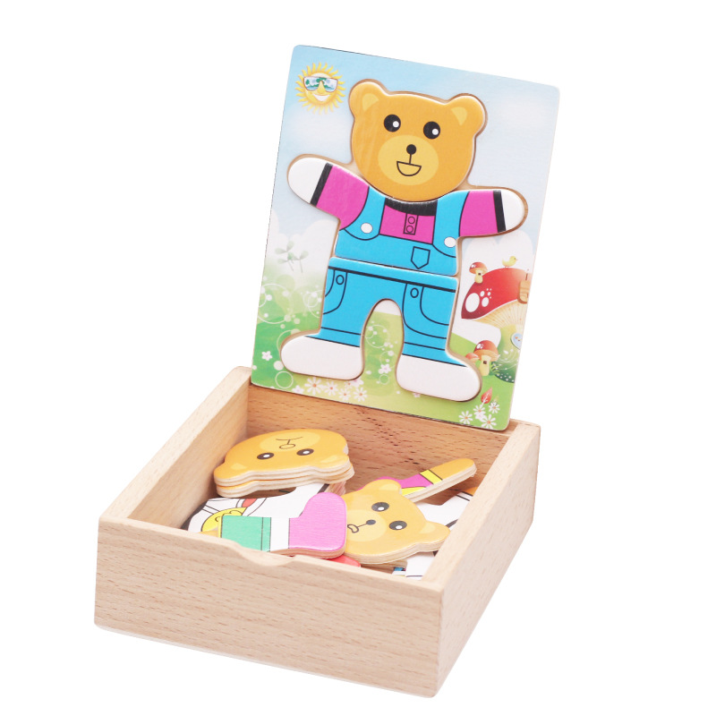 Fly puslespil legetøj træ 4 bjørn familie skab tredimensionelt puslespil træ legetøj til børn: 1 bjørne
