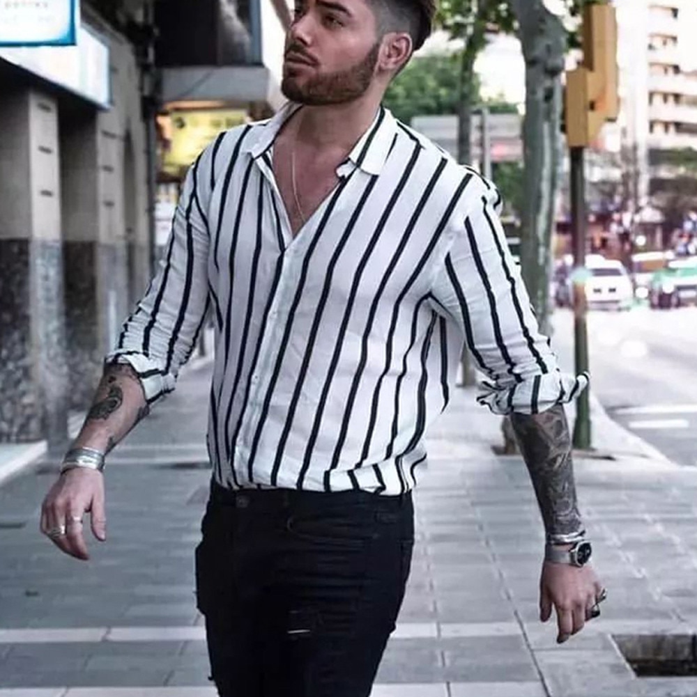 Randiga skjortor för män casual långärmade toppar lös casual blus pojke lyx stilig sport casual klänning lös blus  j05