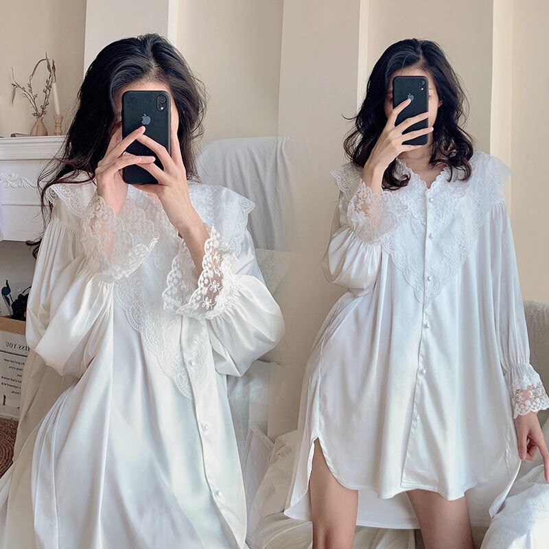 Camisola feminina renda doce manga comprida, camisola casual folgada coreana adorável mini vestido vintage branco com botões