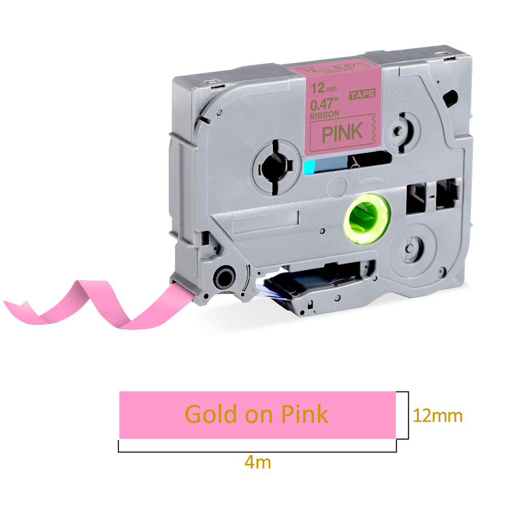 1Pcs Satijnen Lint Label Tape 12Mm Compatibel Voor Brother P-Touch Label Maker H110 TZe-R231 TZe-RN34 TZe-RE34 TZE-RE31 4M Voor Diy: Gold on Pink