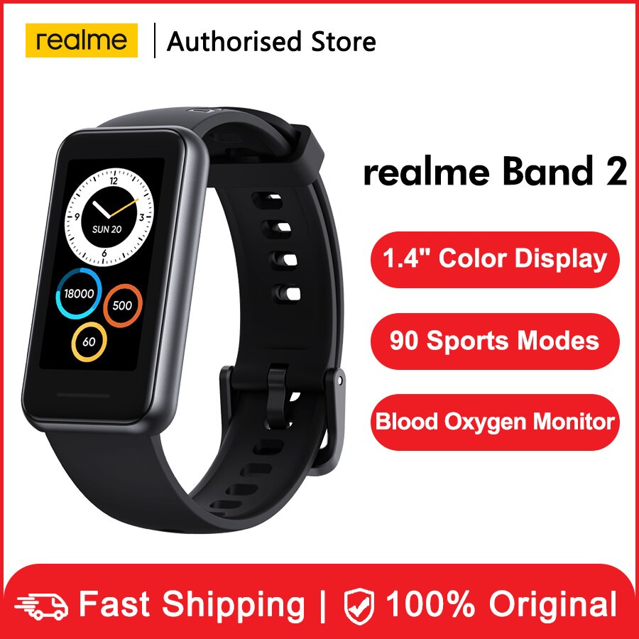 Realme – Bracelet connecté Band 2, Version globale, moniteur SpO2, moniteur de fréquence cardiaque, étanche ATM, 1.4