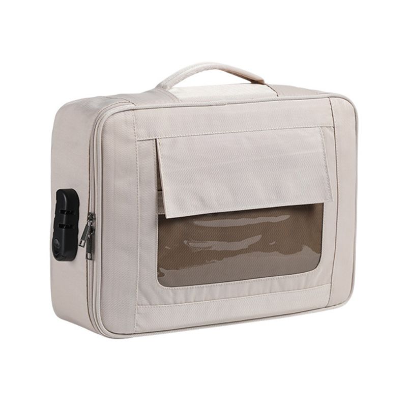 Visible Password Double Layer Files Bag Briefcase Document Pouch Business Travel Storage Bag: beige
