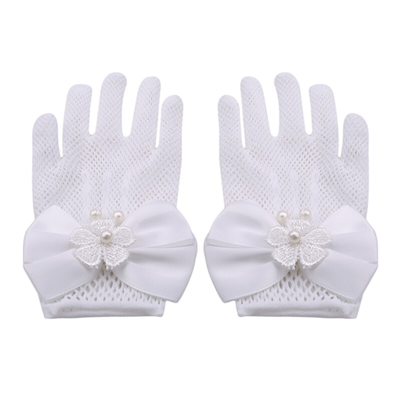 Exquisito encaje blanco Faux perla Fishnet guantes Flor de comunión para 4-15 años niñas novia ceremonia Accesorios