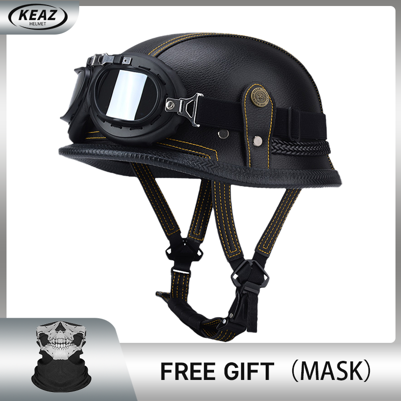 Casque demi-visage en cuir de Style allemand pour moto, prix d'usine, Cap1/2 approuvé par le DOT, casques + lunettes à visage ouvert: Orange / M