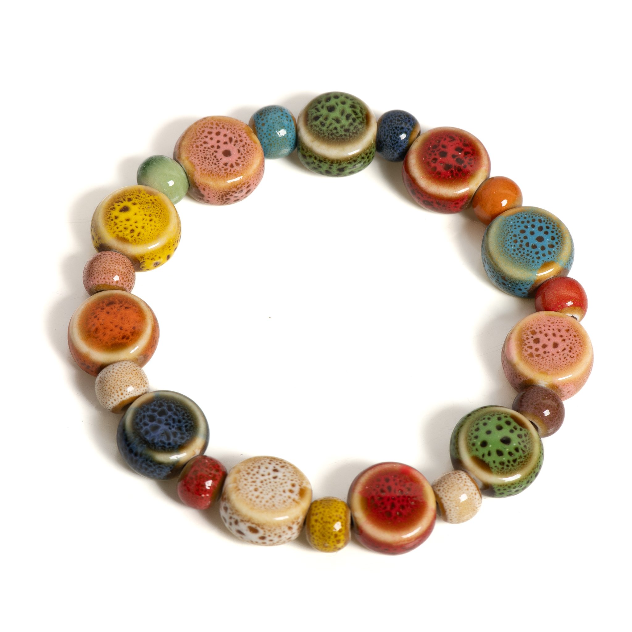 Pulsera de cuentas de cerámica floral colorida hecha a mano, joyería Bohemia elástica ajustable, pulsera elástica para mujeres y adolescentes S 001185: Rojo