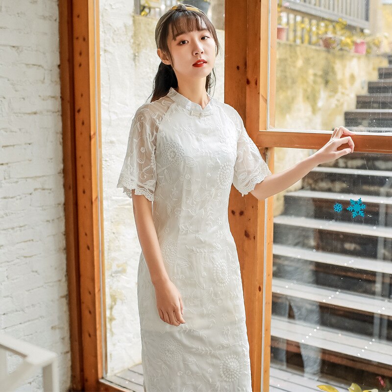 Cheongsam Dress Chinese Traditional Dress Qipao Dress Qipao Chinese Year Dress Lace Dress White Dress