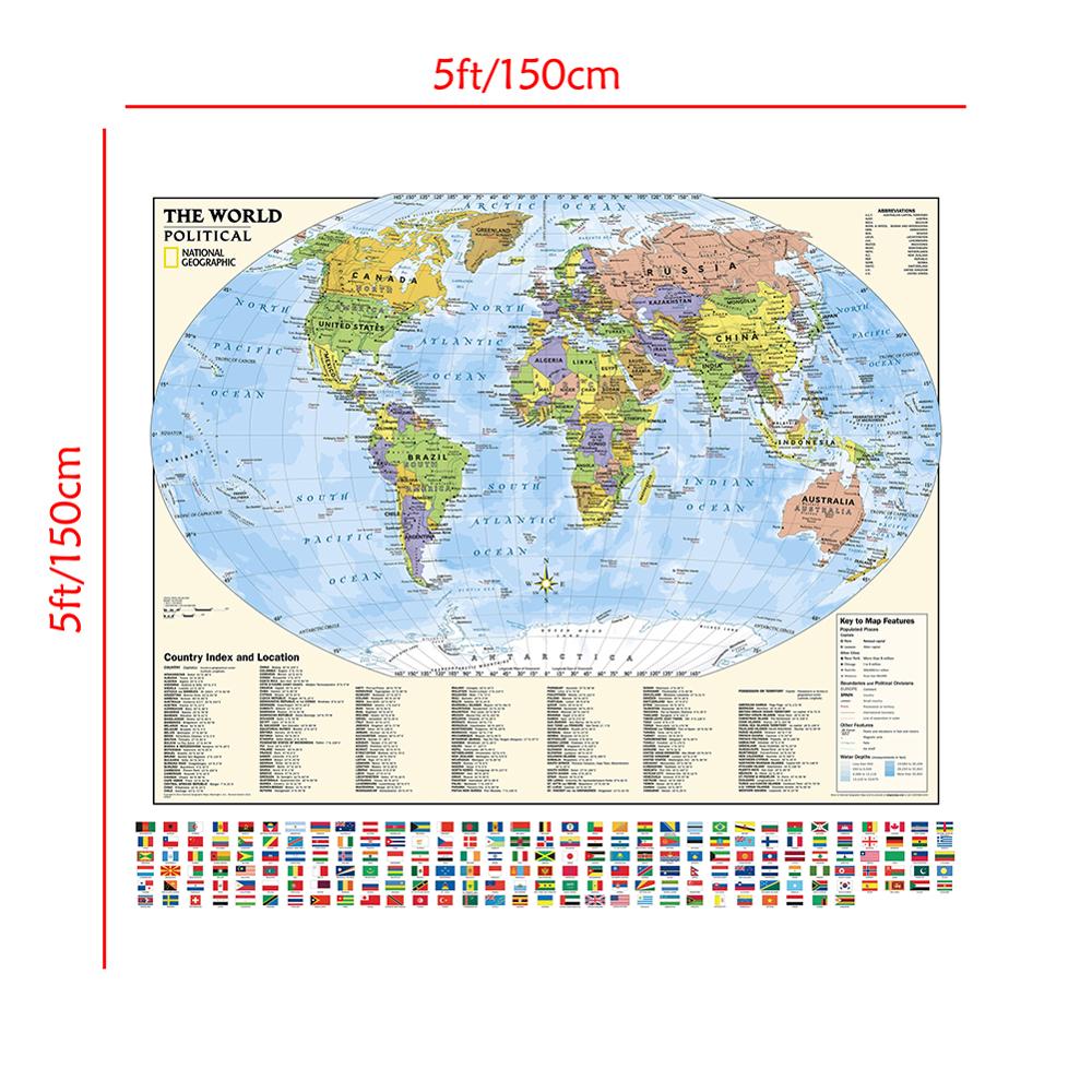 150X150 Cm Non-woven Wereldkaart Met Vlaggen En Land Index En Locatie Voor Cultuur En Onderwijs
