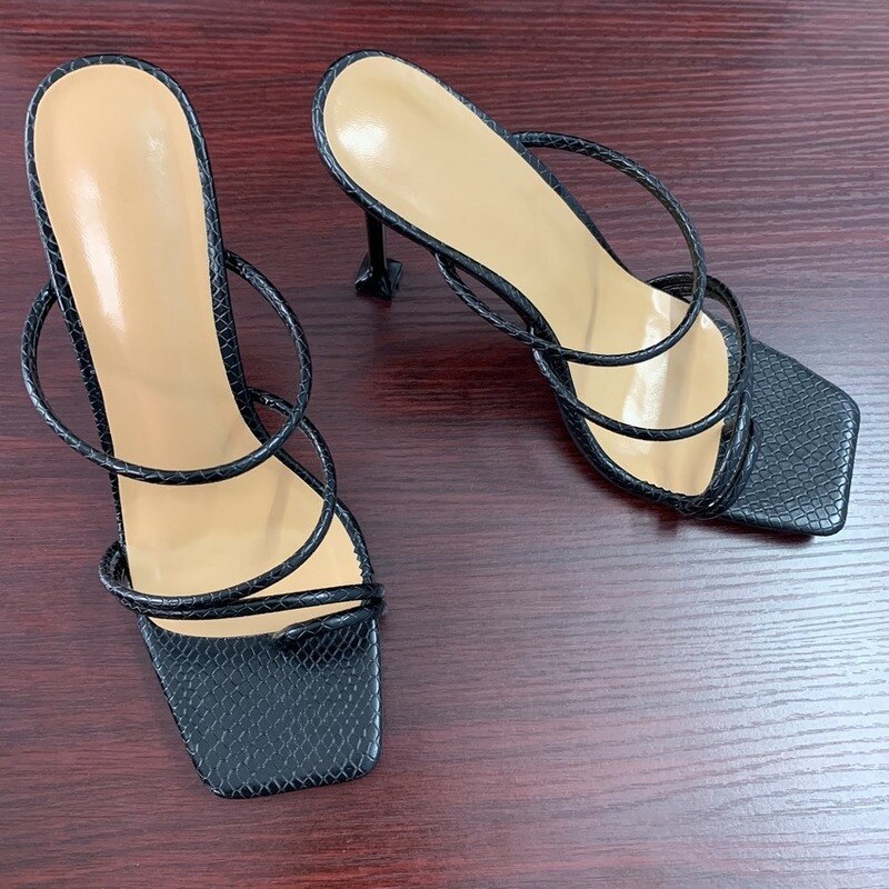 Mules avec imprimé serpent et lanières, sandales à hauts talons pour femme, nu-pieds avec bout carré, chaussures de soirée pour dames, tongs féminines