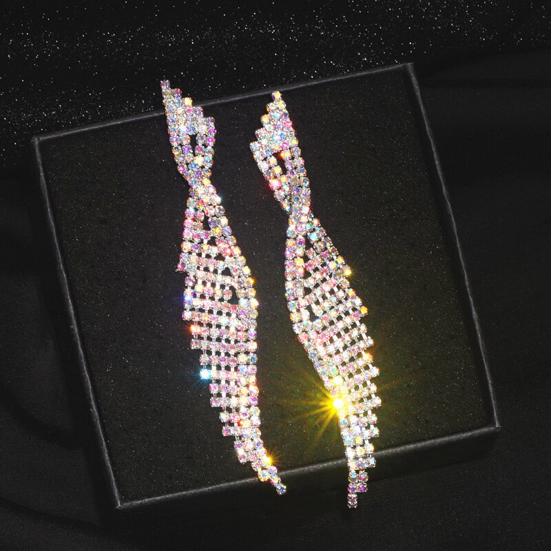 Brincos femininos com pingente de borla longa, luxuosos, coloridos, cristal strass, para noiva, joias para casamento, 2020
