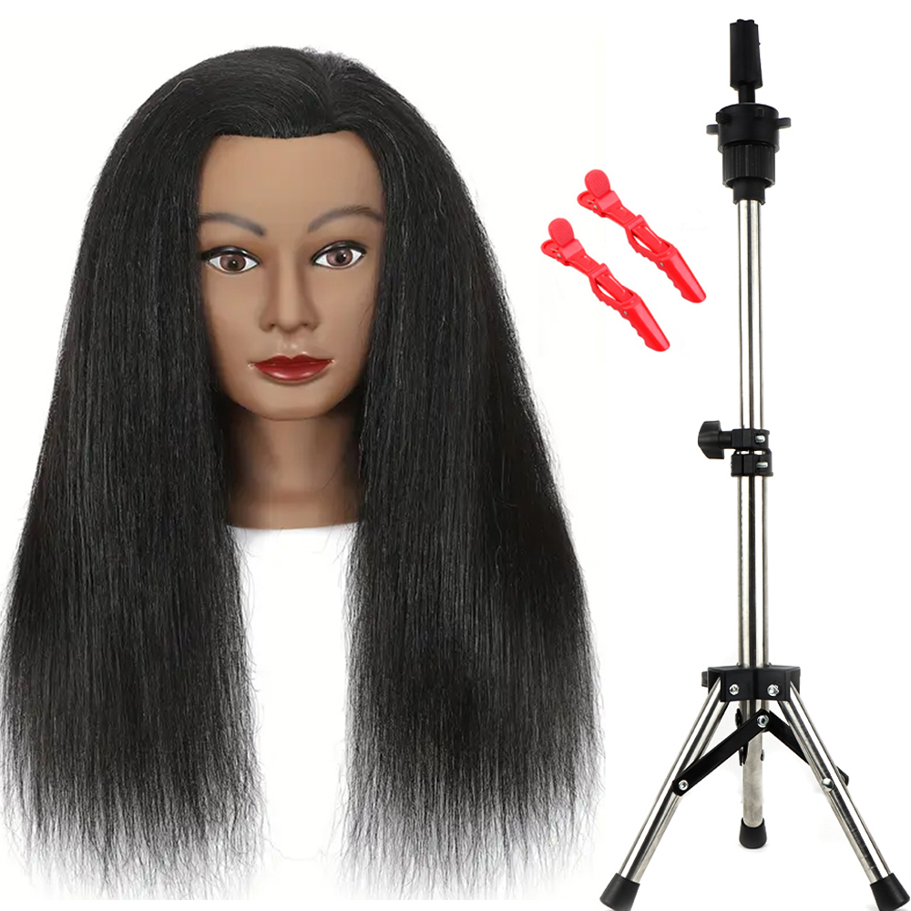 African Mannequin Head Real Hair Hairdresser Training Head With Tripod Manikin Cosmetology Doll Head For Braiding Styling: Gold
