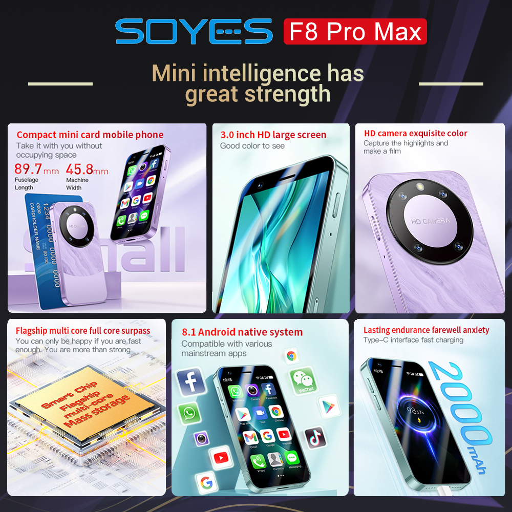 Estreia mundial SOYES F8 Pro Max Mini Android8.1 Smartphone 3,0 polegadas 2000mAh Face ID Dual SIM Standby Play Store 3G