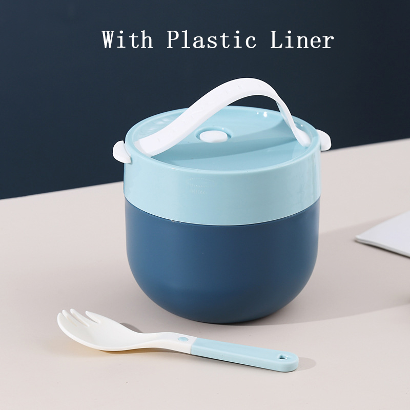 Portable Soup Cup Lunch Box Stainless Steel/Plastic Thermos Mug Food Container Thermal Cup Vacuum Bento Box With Spoon For Kids: A-Blue