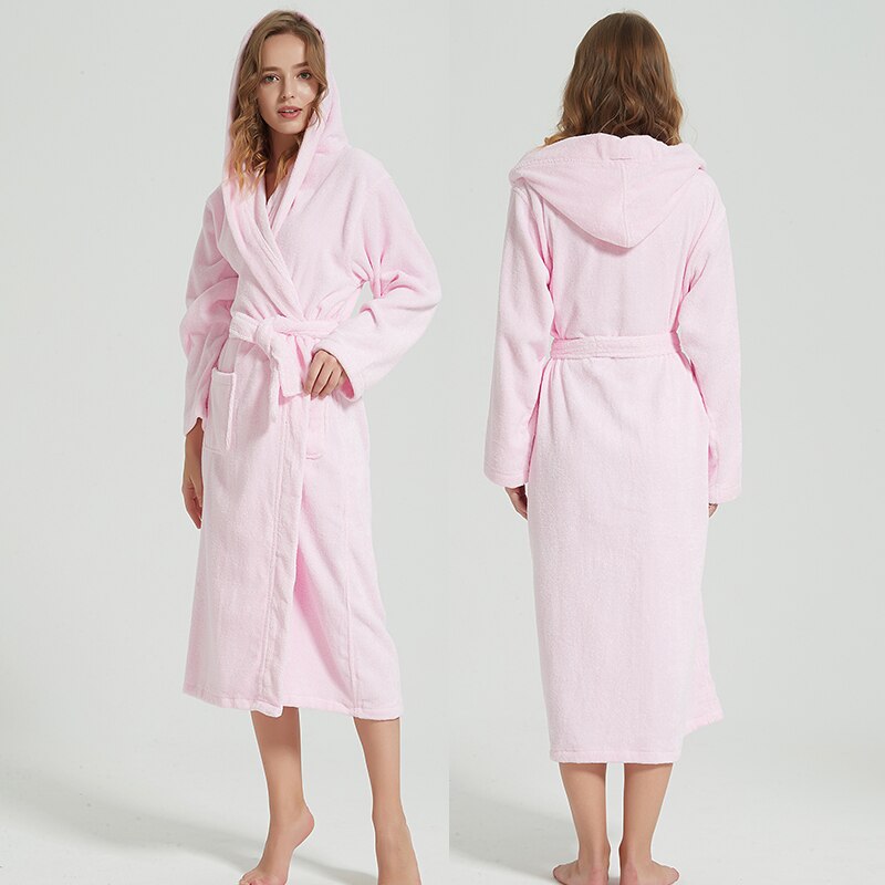 Mænd badekåbe hætte 100%  bomulds tykt varmt håndklæde fleece bomuld morgenkåbe lang badekåbe hotel spa blød brudepige kåbe: Lyserød / L (168-185cm)