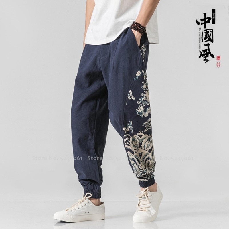 japonais Style Harajuku large jambe pantalon traditionnel chinois vêtements pour hommes Streetwear lâche coton lin bas pantalon