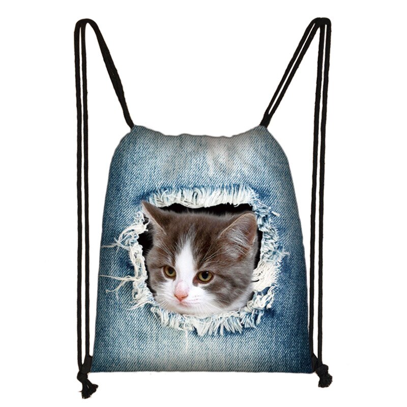 funny puppy dog / kitten cat print drawstring bag women storage bag ladies shopping bags teenager boys girl backpack