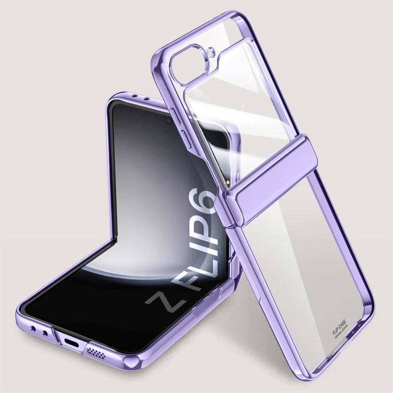 Bisagra plegable transparente galvanizada para Samsung Galaxy Z Flip 6, funda con película de espejo, cubierta dura todo incluido a prueba de golpes: Azul cielo