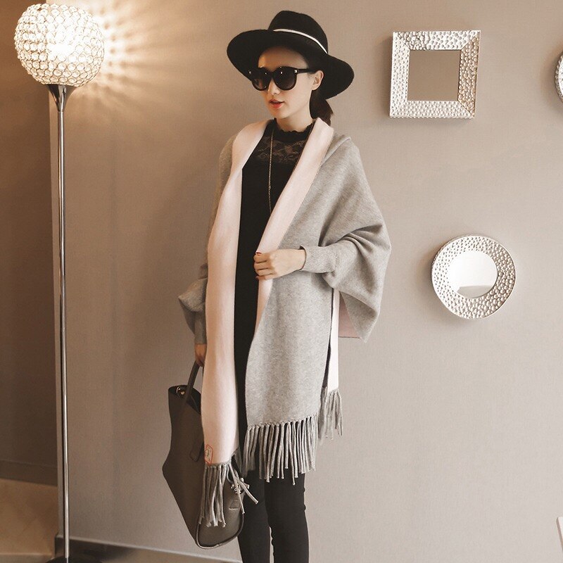 Mingjiebihuo neue kaschmir Poncho schal mit ärmeln frauen in herbst und Winter dicke warme doppel-seitig feste quaste Mantel mädchen