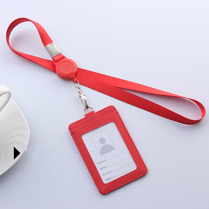 PU Leather Lanyard retractable badge holder ID card holder school lanyards id badge holder horizontal badge holder transparent: red-Vertical
