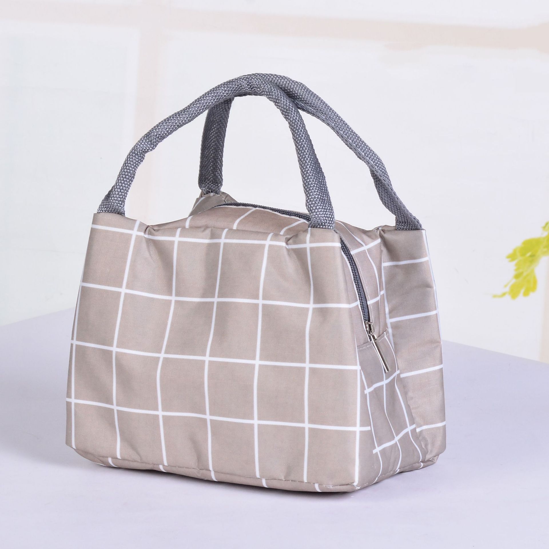 Plaid Print Waterproof Insulation Picnic Lunch Bags Unisex Kids Thickened Aluminum Foil Ice Pack School Food Storage Handbag: Khaki