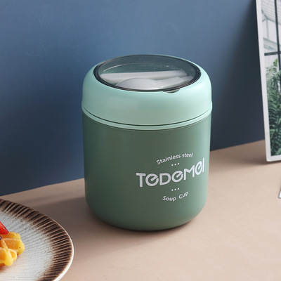 Mini caixa de almoço térmica recipiente de alimentos com colher de aço inoxidável copo de sopa de vácuo isolado lancheira taza desayuno portatil: green