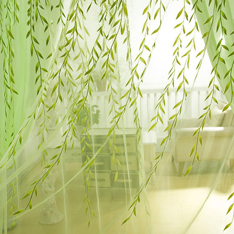 Mignon saule feuille Tulle rideaux stores Voile Style pastorale saule fenêtre florale cortines décoratives pour chambre salon: green / 1*2.7