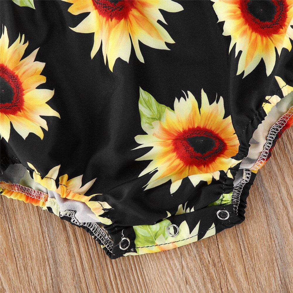 Baby zomerkleding 0-24m schattige pasgeboren baby's babymeisjes zonnebloemen bodysuit patchwork ruches jumpsuits zonnepak outfits