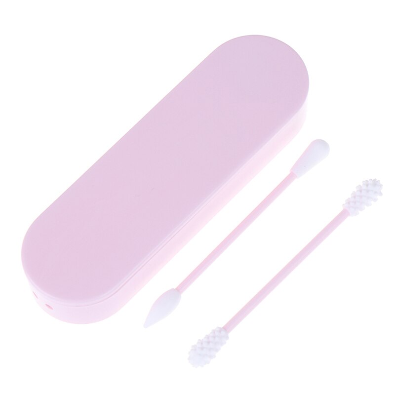 2Pcs Reusable Cosmetic Cotton Swab Double Head Ended Clean Cotton Swabs Ear Clean Set Includes Storage Silicone Cotton Box: PK