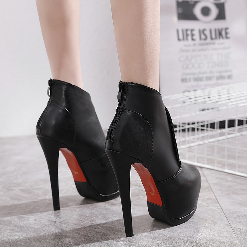 PU Lederen hoge hak Laarzen Winter Vrouwen Enkellaars Mode Rits Platform Dikke Hakken Vrouwelijke Laarzen Schoenen