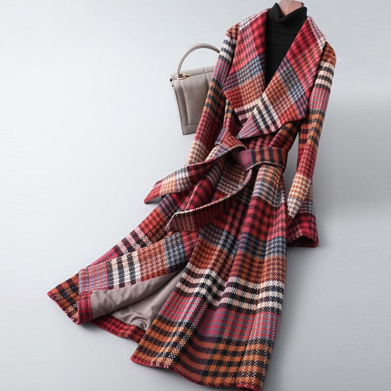 Plaid Wolle Tuch Mantel Frauen Herbst Winter Gürtel Schlank groß drehen-unten Kragen Lange Jacke lässig outwear KW338
