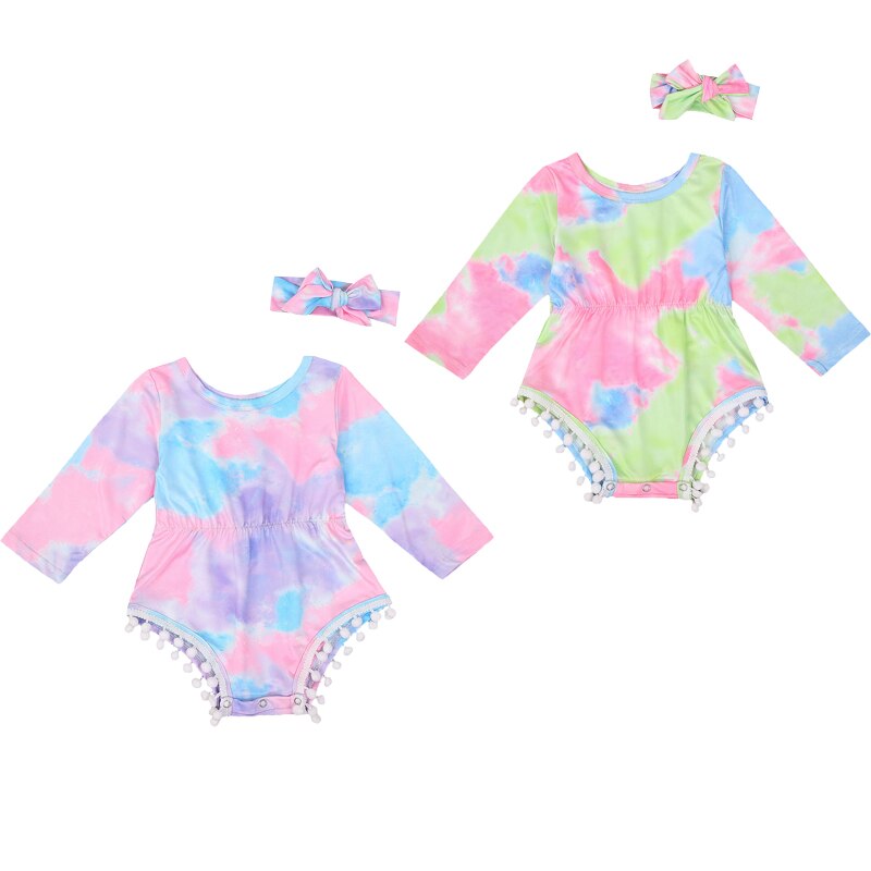 FOCUSNORM 0-18M Newborn Baby Boys Girls Tie-Dye Printed Bodysuits Long Sleeve Elastic Waist Tassel Jumpsuits 2 Colors