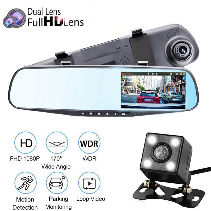 Caméra de recul de voiture 4.3 pouces 1080P HD double lentille 170 rétroviseur enregistreur vidéo numérique voiture DVR caméra enregistreur