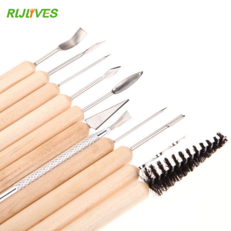 11pcs Clay Sculpting Kit Sculpt Smoothing Wax Carving Pottery Ceramic Tools Polymer Shapers Modeling Carved Tool Wood Handle Set