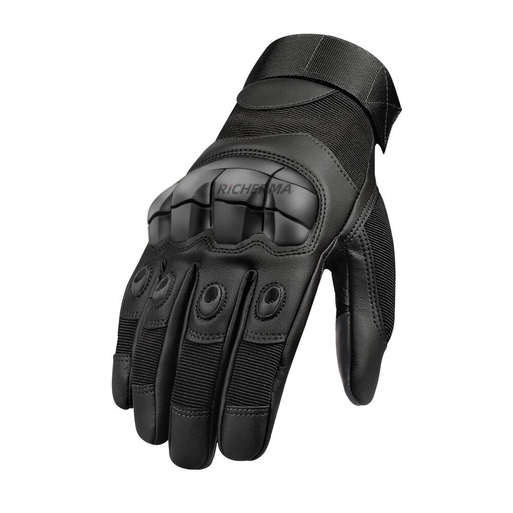 Touchscreen Leather Motorcycle Gloves Full Finger Hard Knuckle Winter Summer Motocross Motorbike Gloves Moto Biker Riding Gloves: Full Finger - Black / M