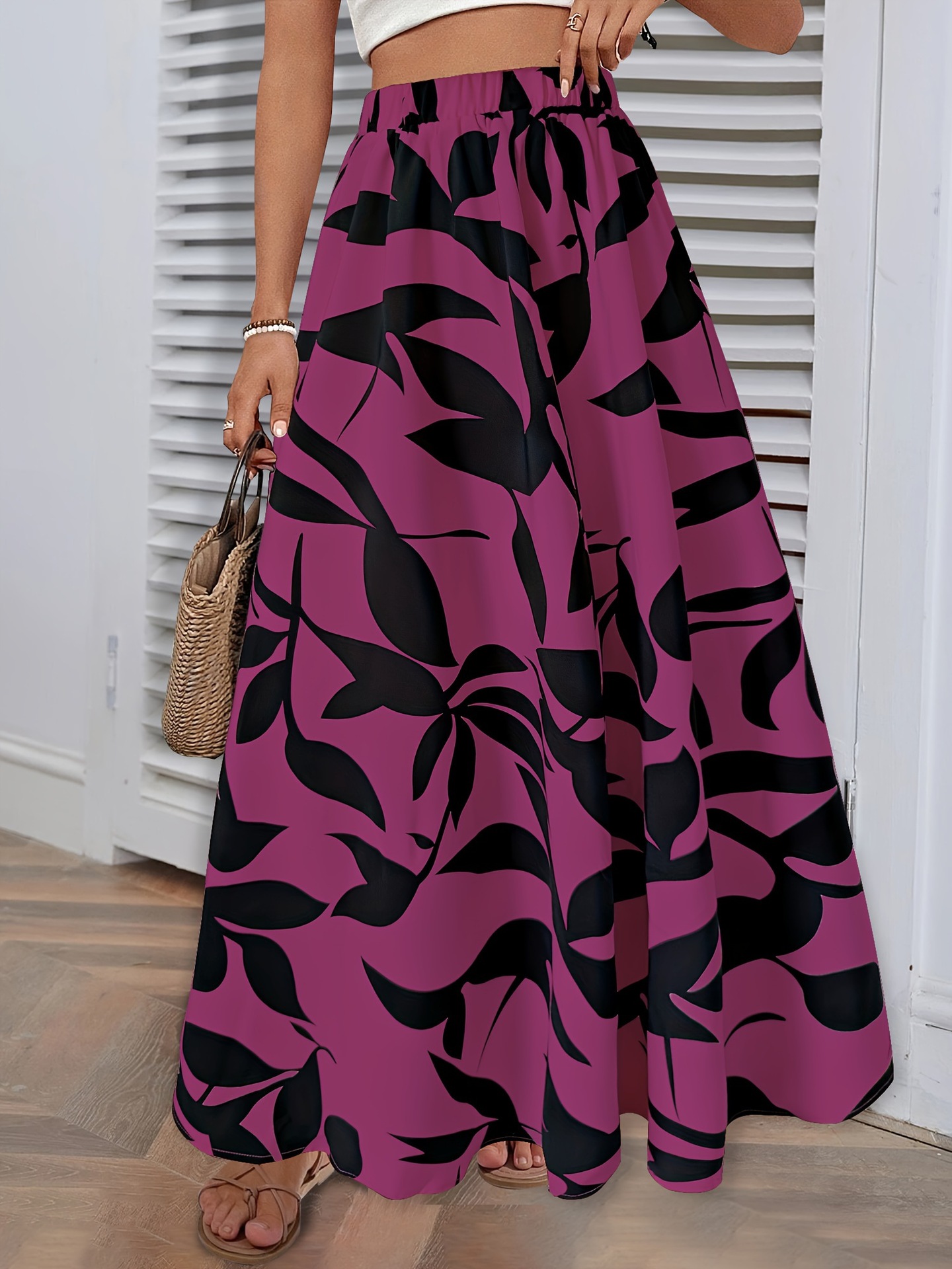 Zwarte rok met bloemenprint voor dames in de herfst, veelzijdige rok met elastische taille, soepelvallende stof en plooien.: M / Rozenrood