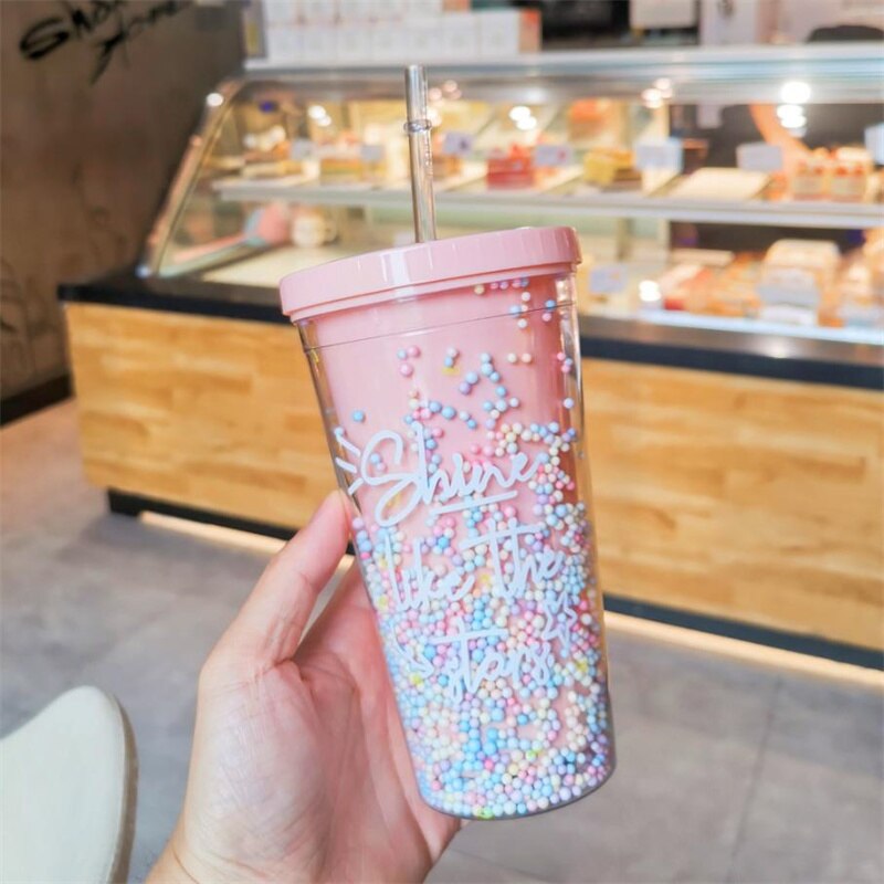 Straw Cup Double Layer Eco-Friendly Plastic Drinkware Ins Girl Water Cup Anti-fall Milk Coffee Cups For Home Office J170: 7
