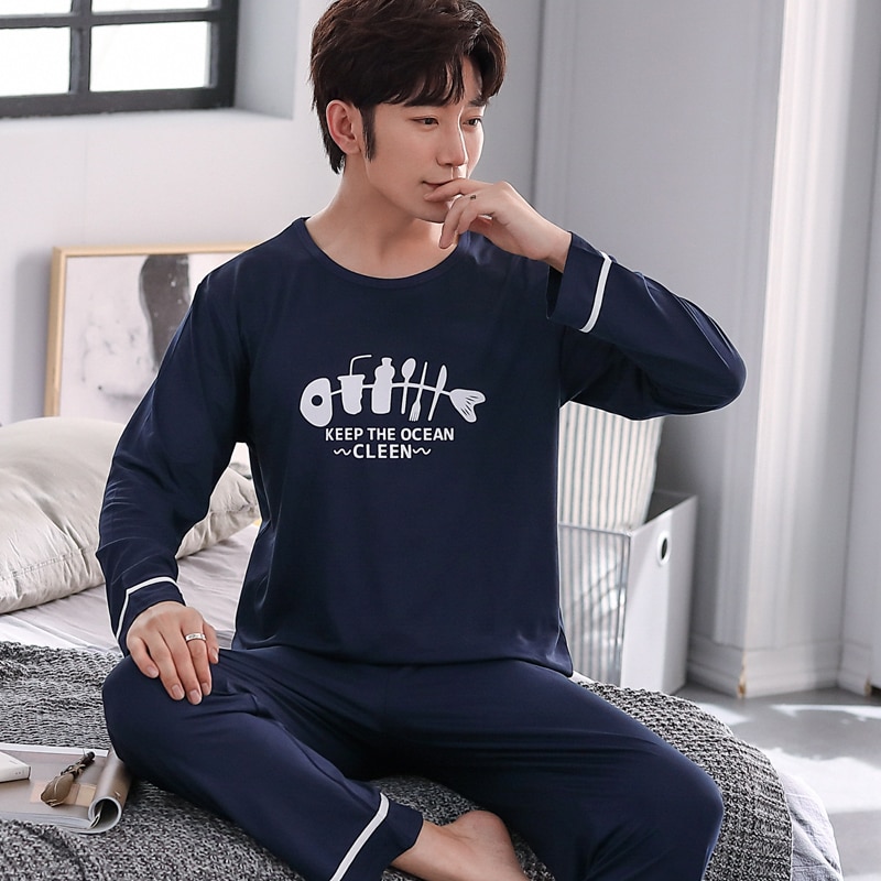 XIZOU, conjuntos de pijamas de algodón con cuello redondo para hombre, pijamas para hombre, ropa de dormir de estilo moderno, Pijama de otoño, ropa de hogar para hombre suave y cómoda para dormir: 2 / XL(55-65KG)