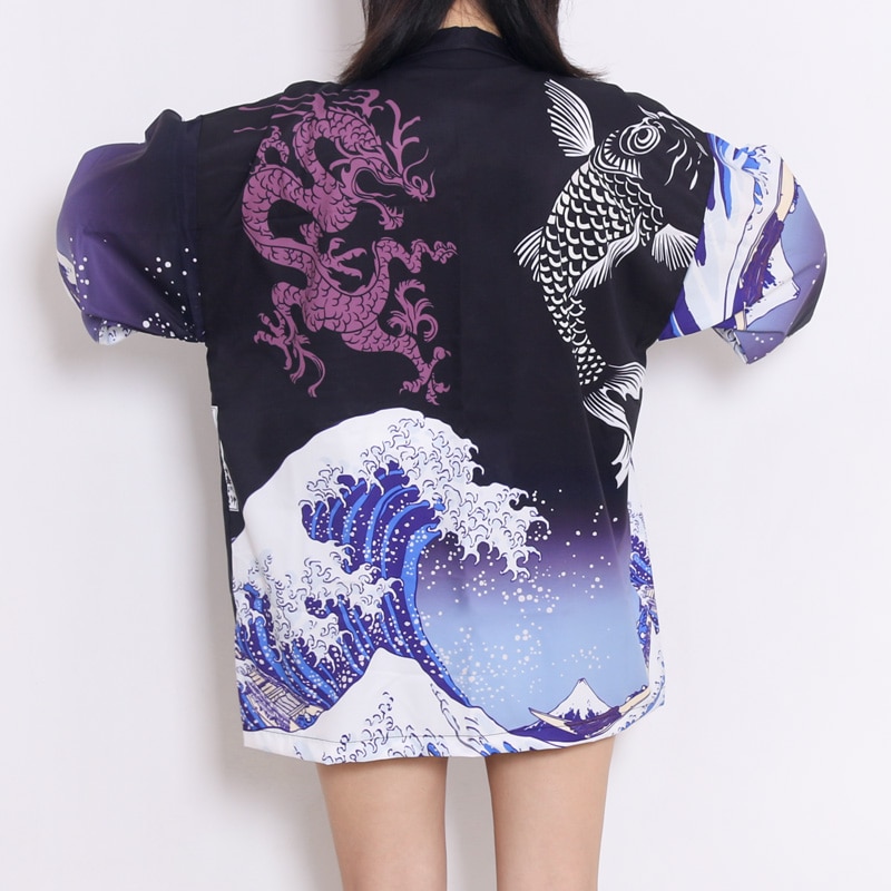 Vis Wave Print Japanse Kimono Met Riem Streetwear Vest Haori Harajuku Gewaad Japanse Kleding Yukata Mannen Vrouwen Jas Tops