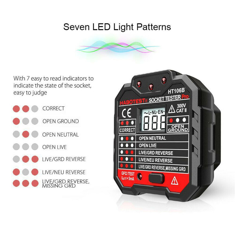 Socket Detector HT-106B Detector Power Polariteit Elektroscoop Rcd Elektrische Socket Tester Automatische Neutrale Live Aarde Draad Test