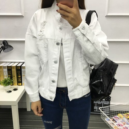 Demin jacket Women white Black Denim Jacket Spring Jeans Coat Casual Harajuku Streetwear Female Vintage Jeans Coat: White / S