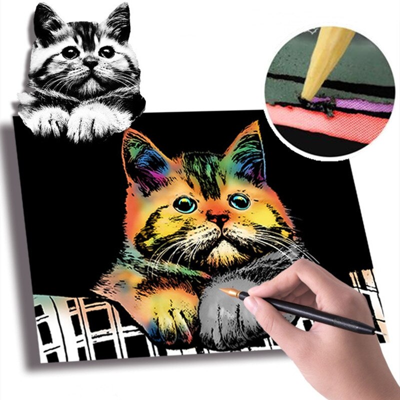 21*29cm 4PC DIY Scratch Paintings Card Animal Landscape Handmade decompression Drawing Toys Home Decor Picture