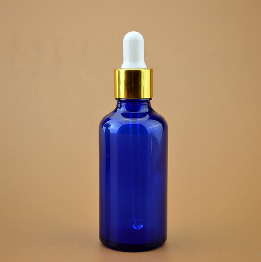 Bouteille d'huile raffinée en verre rond bleu de 5ml à 50ml, 10 pièces/lot, avec compte-gouttes, cercle doré pour expérience scolaire