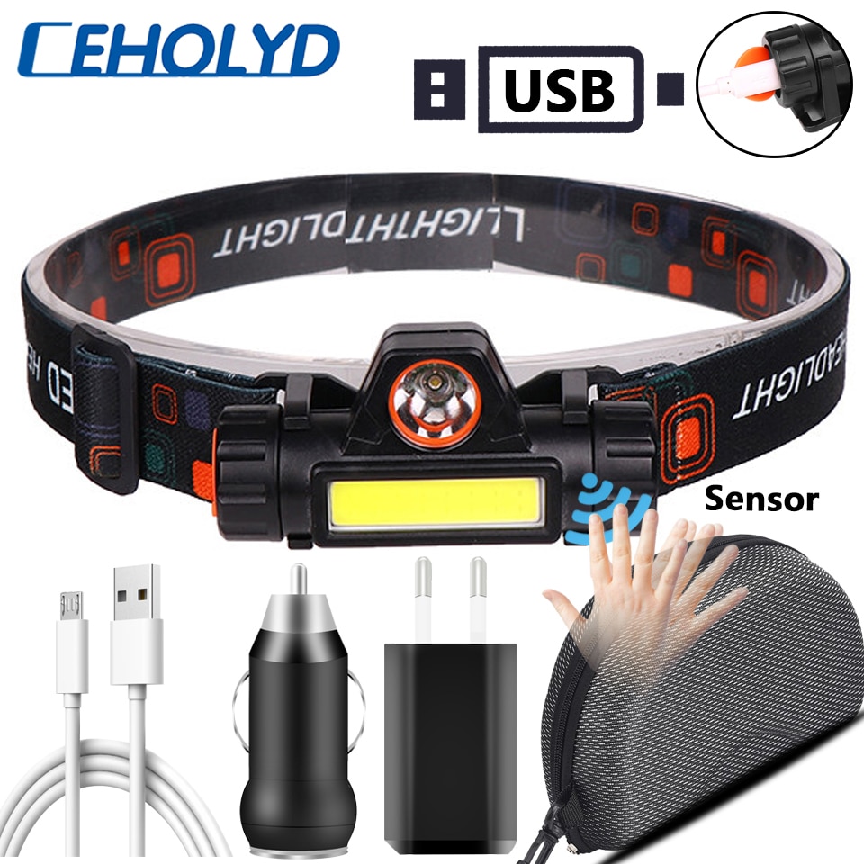 Sensor LED headlamp XP-G Q5 built-in 18650 battery headlight COB light 2 light mode with magnet Waterproof head lamp flashlight
